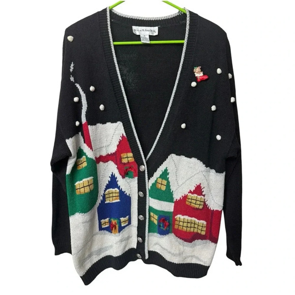 Black Christmas Long Cardigan Snow and Houses Size M black red and white - Picture 1 of 6